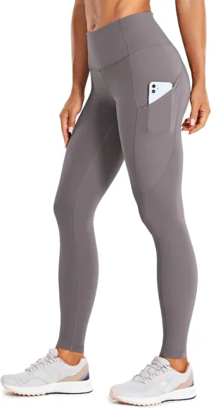 New vdbm YOGA Women's Light-Fleece Workout Leggings - High Waisted Warm Matte Brushed Tights Pants with Pockets, Grey, Sz XL