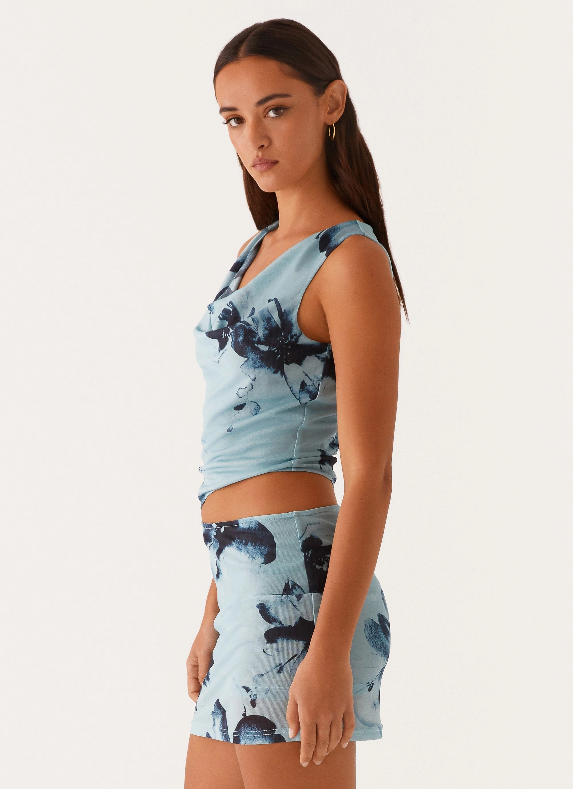 Nicola Mini Dress - Blue Black Floral Soft-touch Chilly Weather Wear