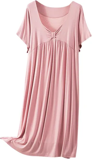 Night Shirts for Women V Neck Short Sleeve Sleepwear Cute Bow Nightgown Casual Comfy Sleepdress Pleated Night Dress