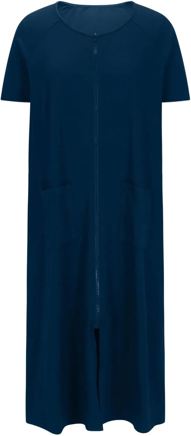 Nightgowns for Women Zip Front Nightshirt Short Sleeve Sleepwear Loose Crewneck Soft Summer Sleep Dress with Pockets