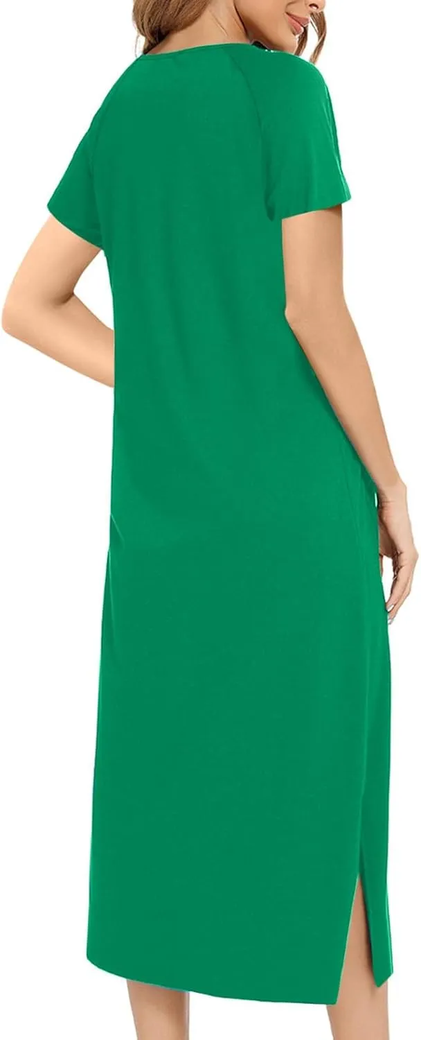 Nightgowns for Women Zip Front Nightshirt Short Sleeve Sleepwear Loose Crewneck Soft Summer Sleep Dress with Pockets
