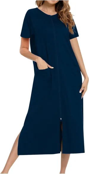 Nightgowns for Women Zip Front Nightshirt Short Sleeve Sleepwear Loose Crewneck Soft Summer Sleep Dress with Pockets