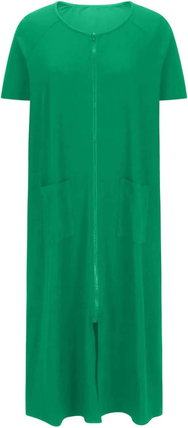 Nightgowns for Women Zip Front Nightshirt Short Sleeve Sleepwear Loose Crewneck Soft Summer Sleep Dress with Pockets