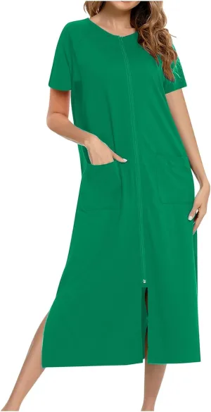 Nightgowns for Women Zip Front Nightshirt Short Sleeve Sleepwear Loose Crewneck Soft Summer Sleep Dress with Pockets