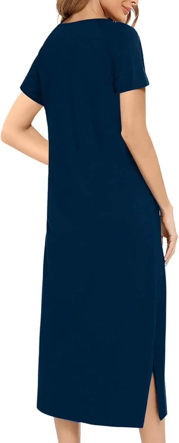 Nightgowns for Women Zip Front Nightshirt Short Sleeve Sleepwear Loose Crewneck Soft Summer Sleep Dress with Pockets
