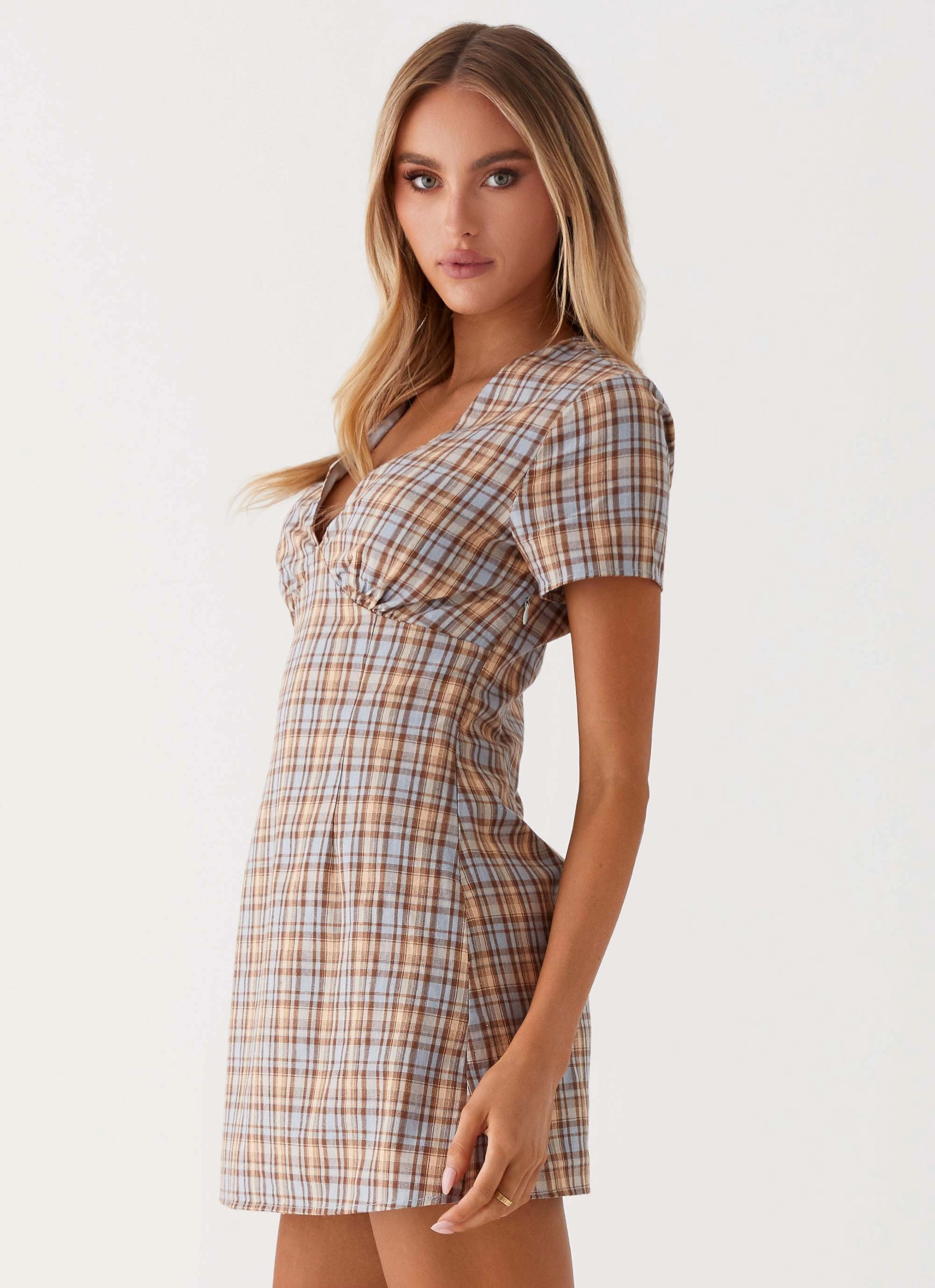 Smart Vibe Niki Cap Sleeve Mini Dress - Check