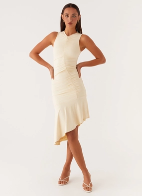 Niya Ruched Midi Dress - Pastel Yellow Harmonious Layers Polished look dress