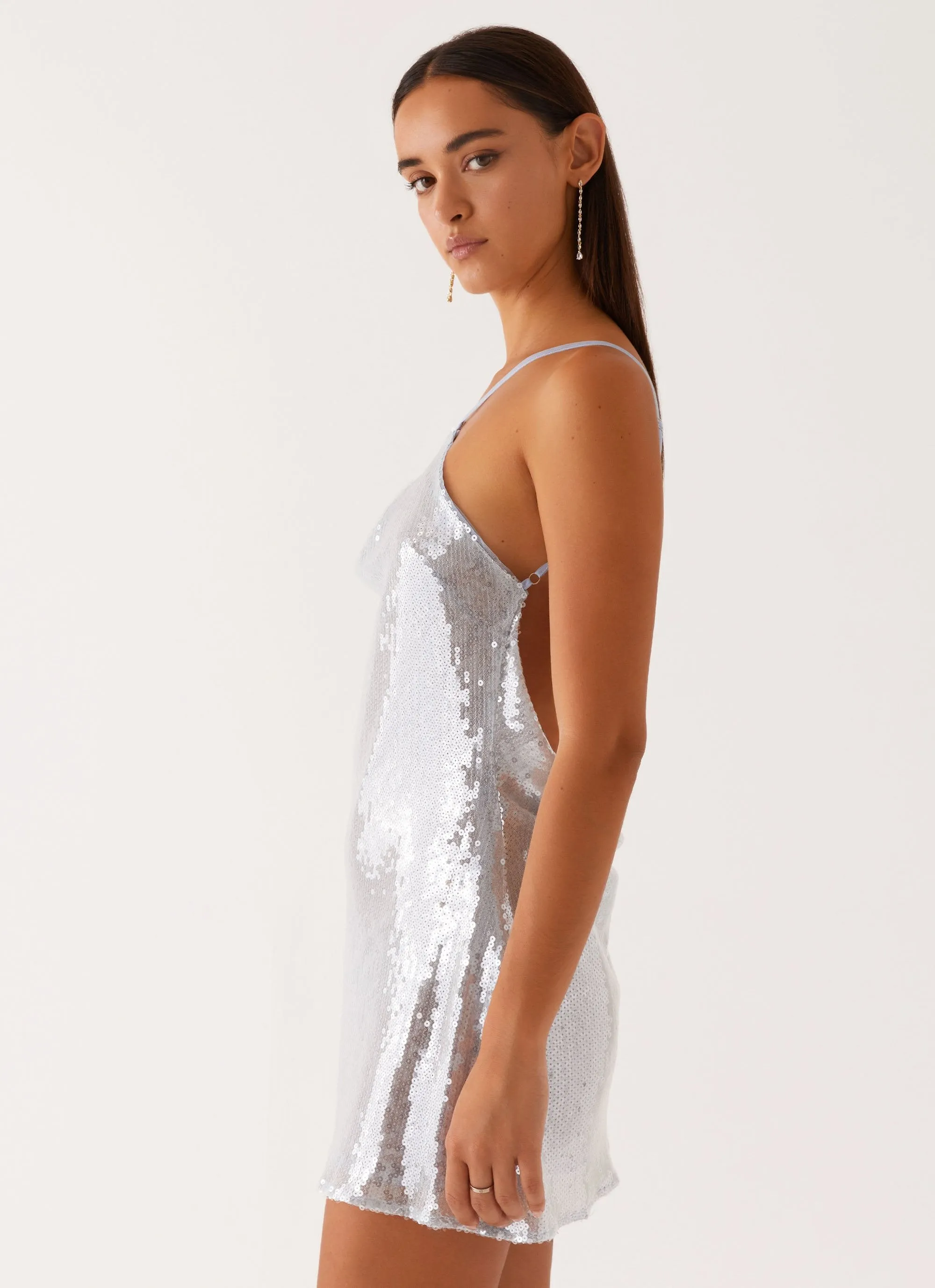 Radiant Energy Cowl Back Mini Dress - Blue Roll-Up Sleeve