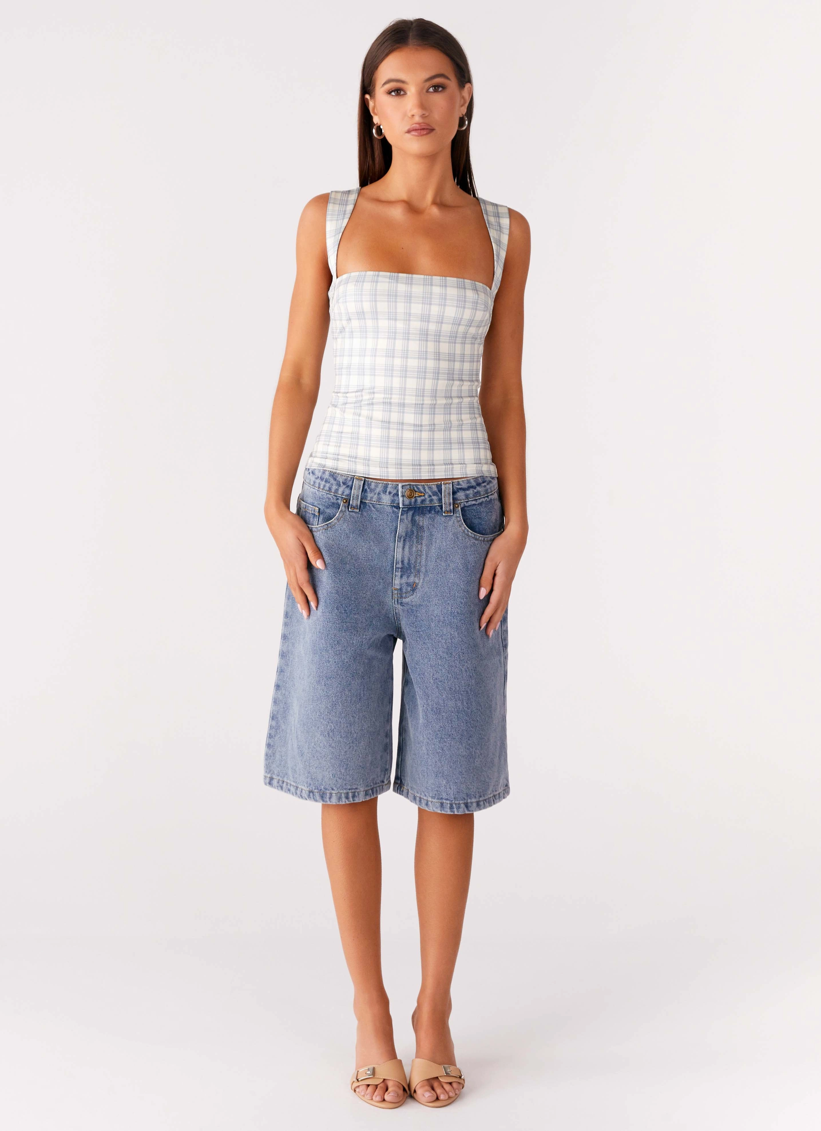 Office Look Ribbed Hemline No Drama Strap Top - Grey Check