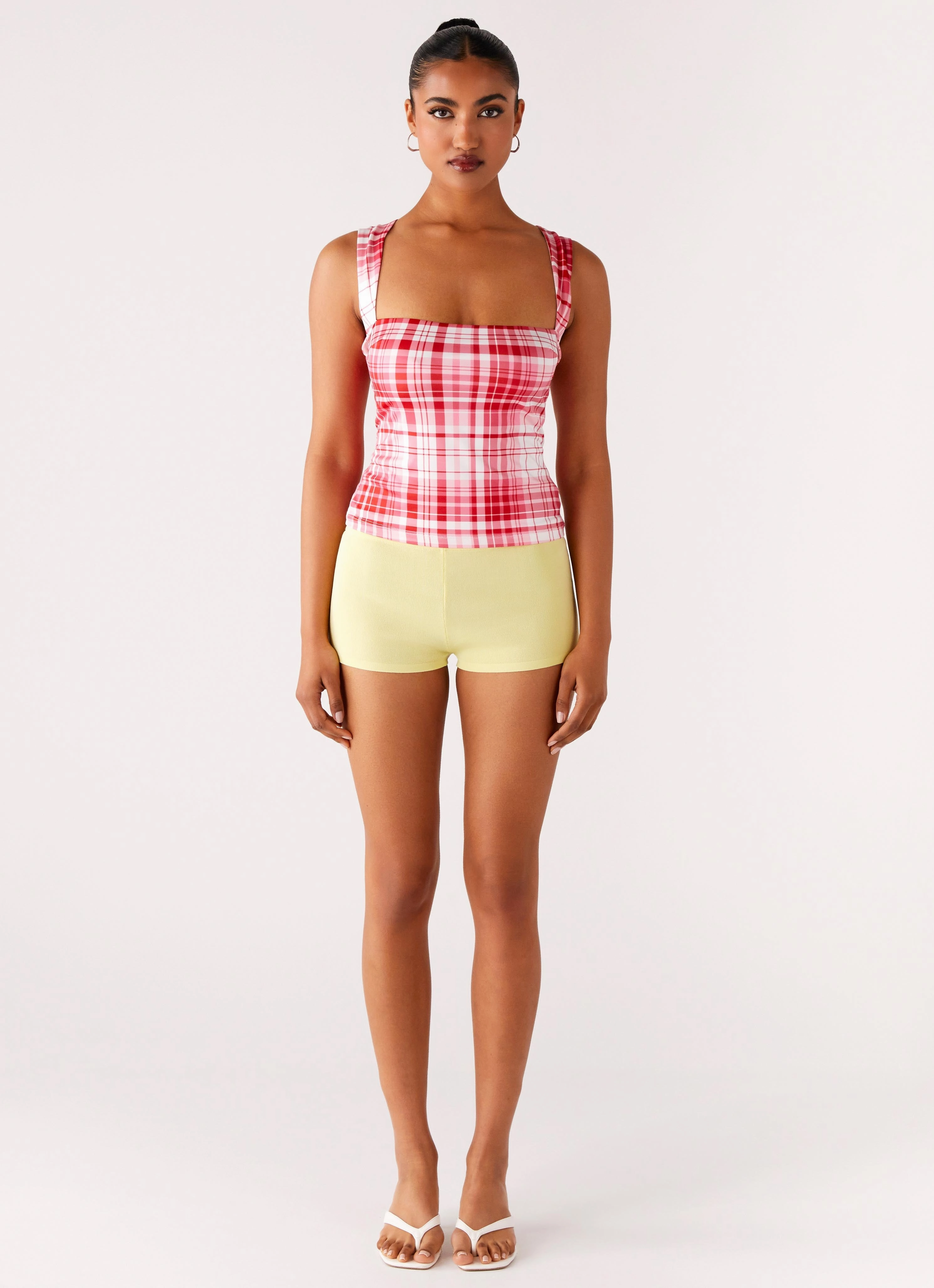 No Drama Strap Top - Pink Check Durable Reinforced Hem Rolled Hem Detailing