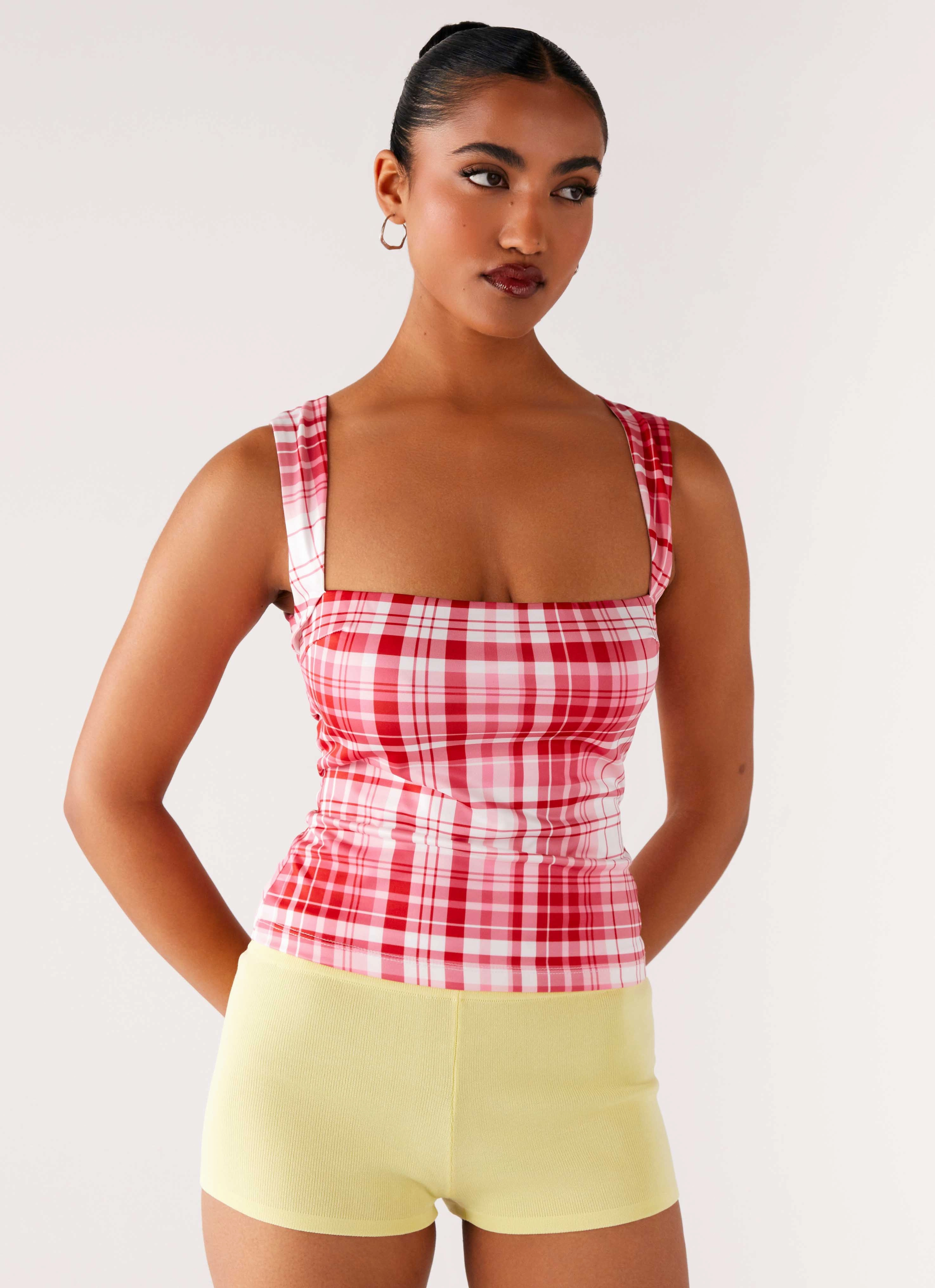 MultiPanel Design No Drama Strap Top - Pink Check