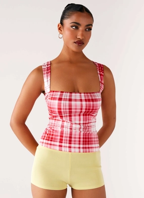 No Drama Strap Top - Pink Check Drop Resistant Shoulder Cut MultiPanel Design No Drama Strap Top - Pink Check