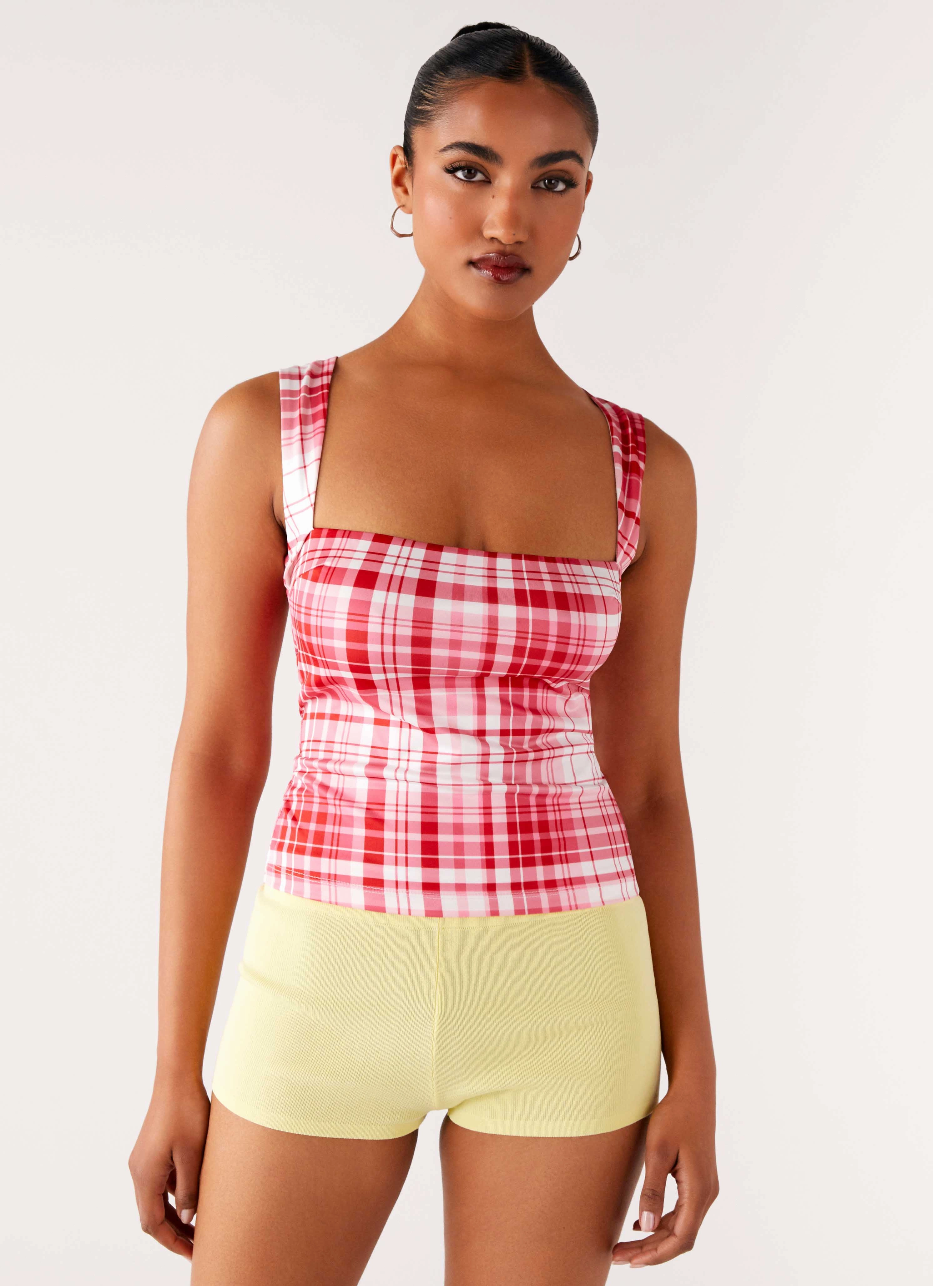 No Drama Strap Top - Pink Check Durable Stitching Simple Dress