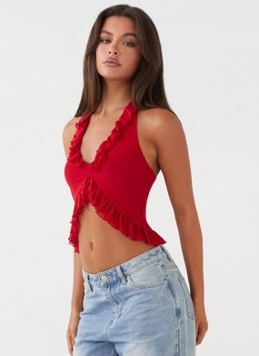 No Roll Hem Tanya Mesh Frill Top - Red Quick Release Fasteners Tanya Mesh Frill Top - Red