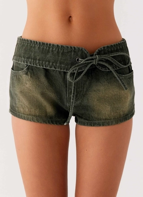 Hidden pockets Vivia Denim Micro Shorts - Washed Khaki