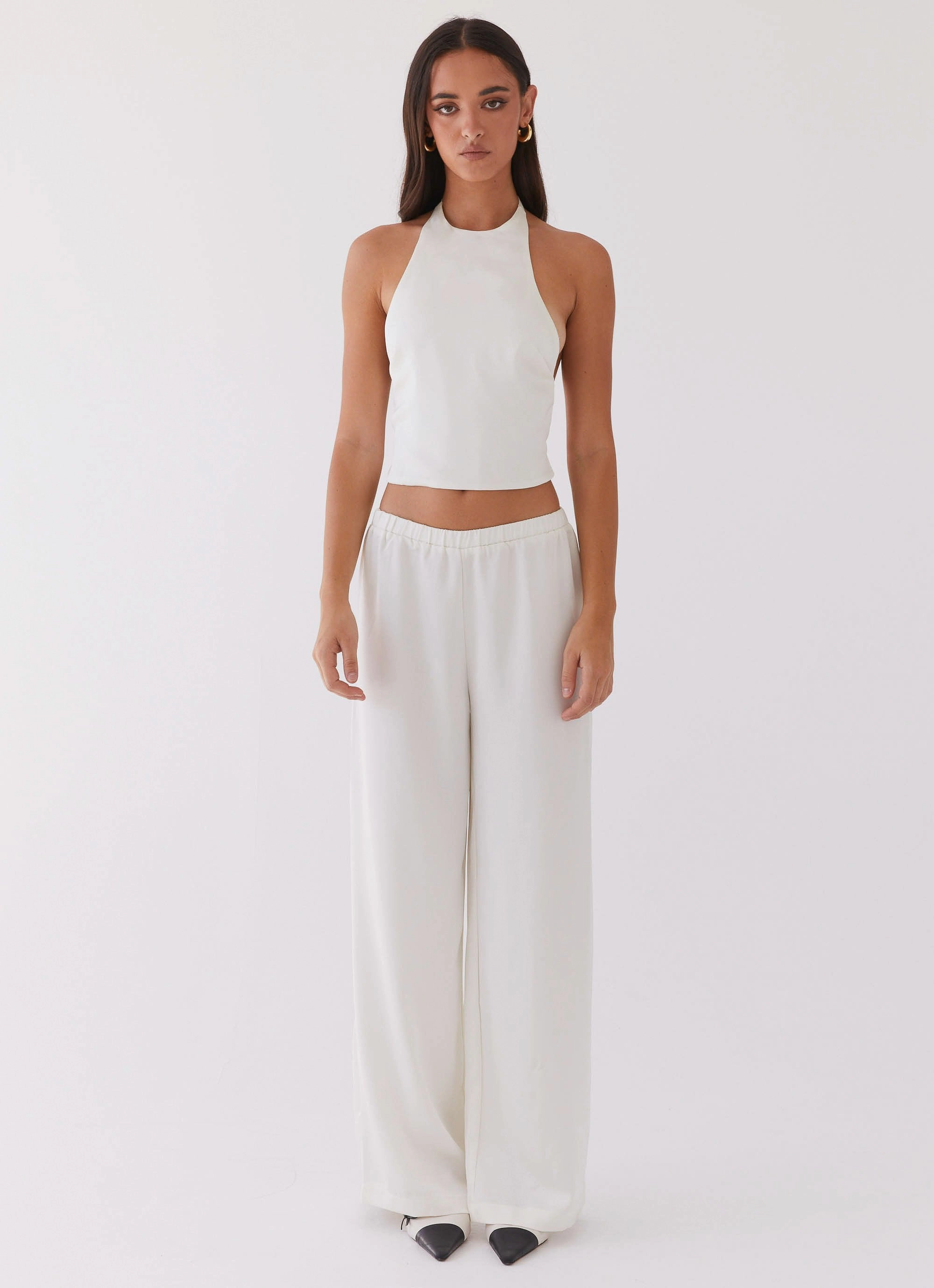 WrinkleFree Fabric VNeckReinforcement Bree Satin Halterneck Top - Pearl