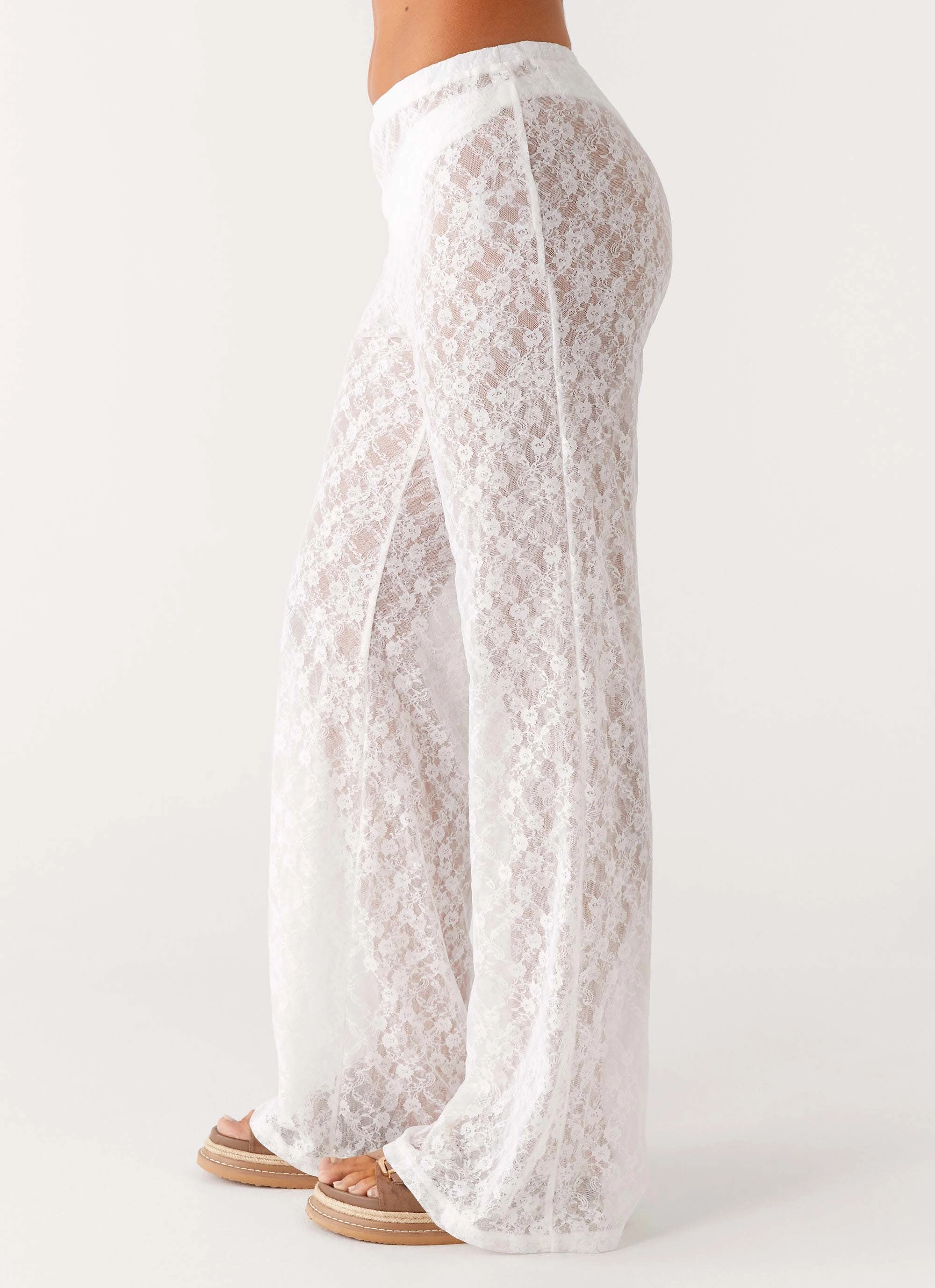 Stylish Cut Flexible Seam Matcha Lace Pants - White