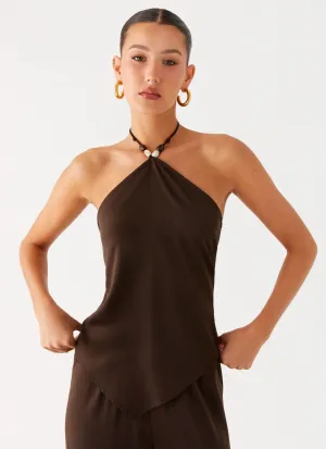 NoiseFree Texture Jorjianna Halter Top - Chocolate Jorjianna Halter Top - Chocolate Contrast Stitch Accent FrenchTerryTexture