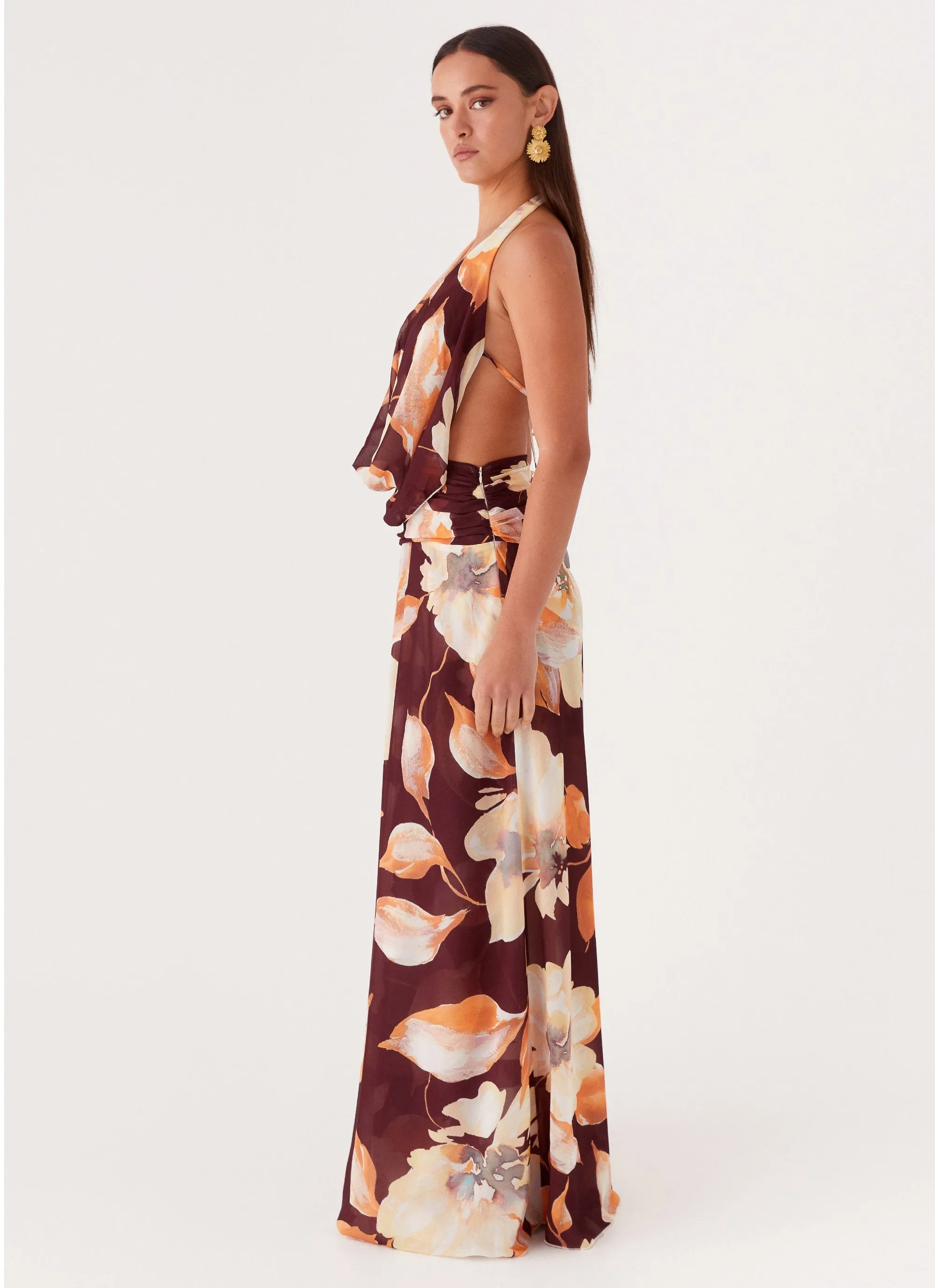Matte Look Solid Color Elysia Chiffon Maxi Dress - Brown Floral