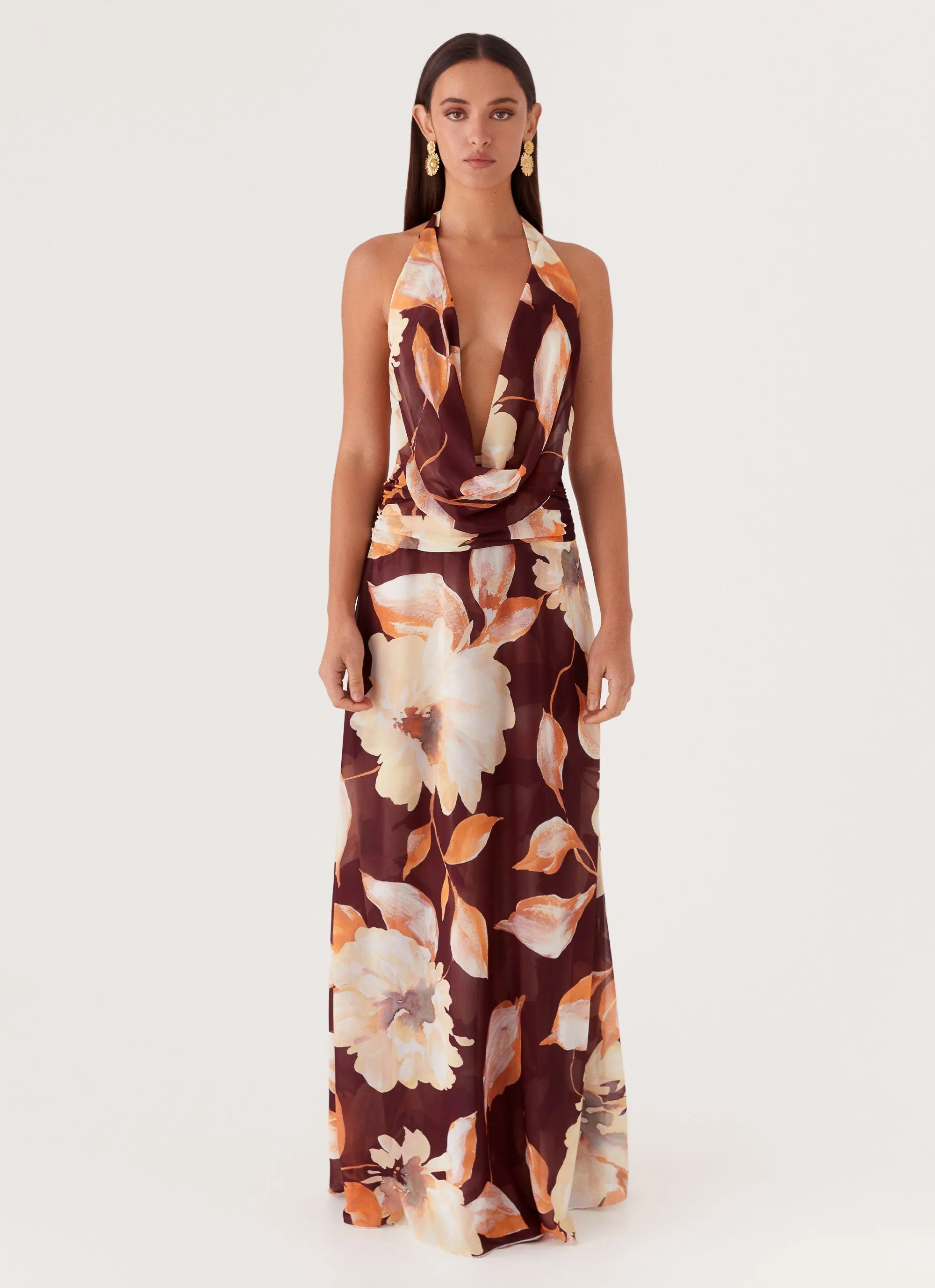 Preppy Vibe Military Inspired Elysia Chiffon Maxi Dress - Brown Floral