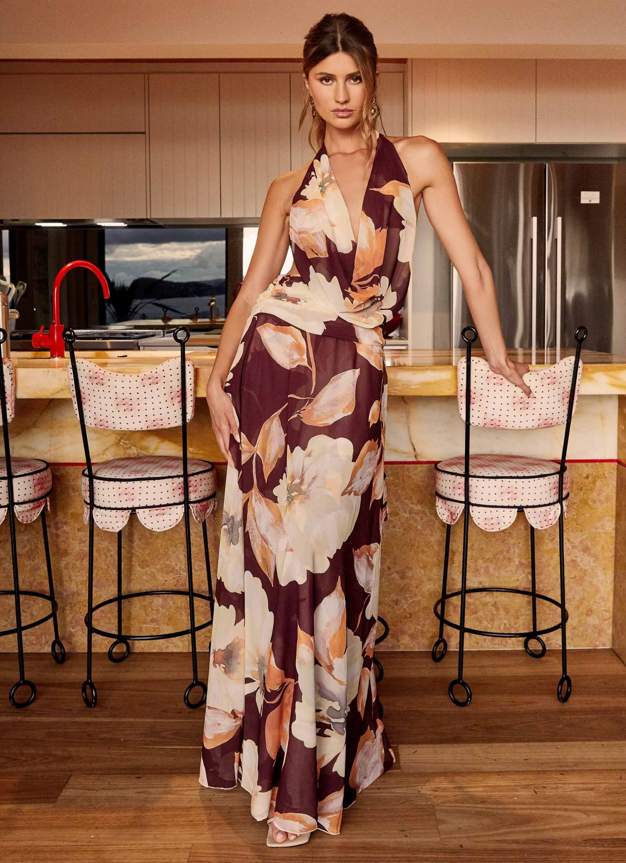 Elysia Chiffon Maxi Dress - Brown Floral Modern Fit Gym Wear