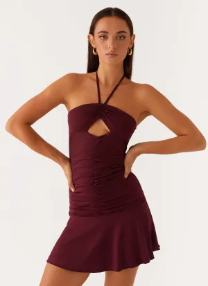 Katrina Halterneck Mini Dress - Deep Maroon Workwear Style Abstract art