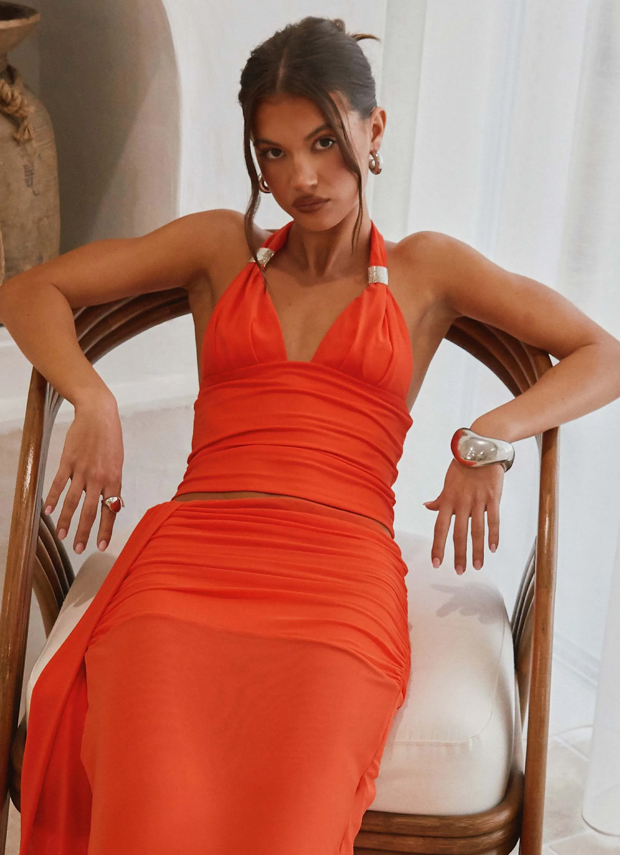 Adjustable Hem Toggles Relaxed Tee Blaze Halter Top - Fire Red