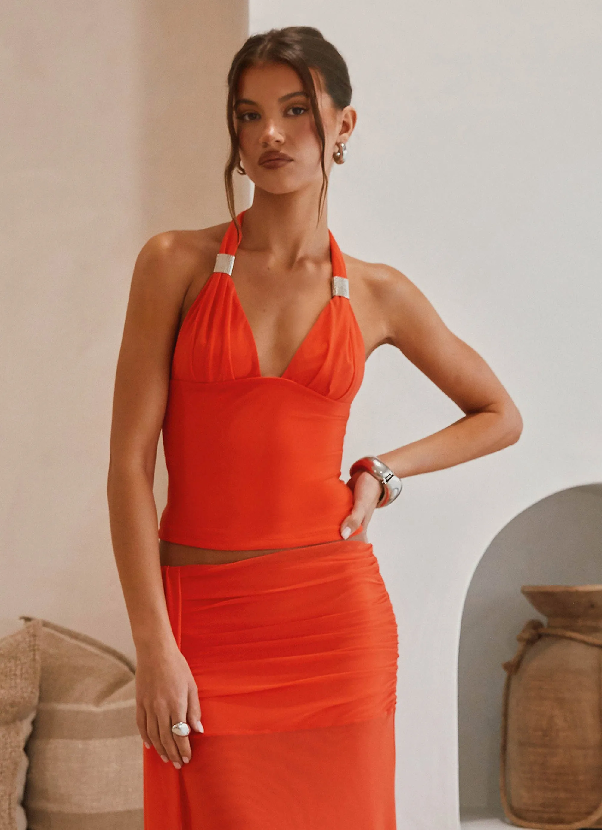 Tapered Cut Blaze Halter Top - Fire Red