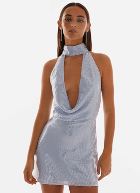 Soft Glide Nora Sequin Cowl Neck Mini Dress - Blue