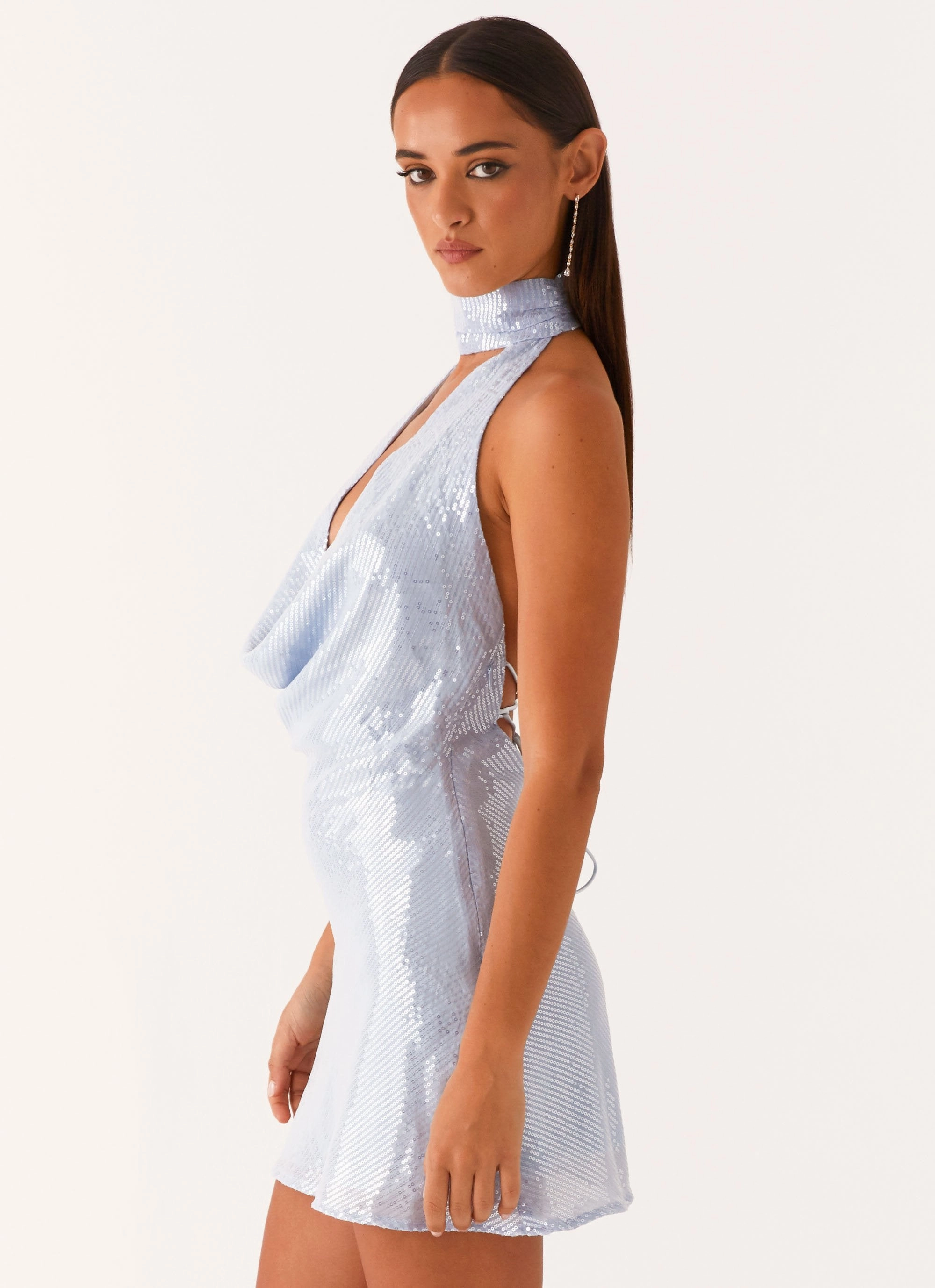 Nora Sequin Cowl Neck Mini Dress - Blue Calm Drape Daily Flex