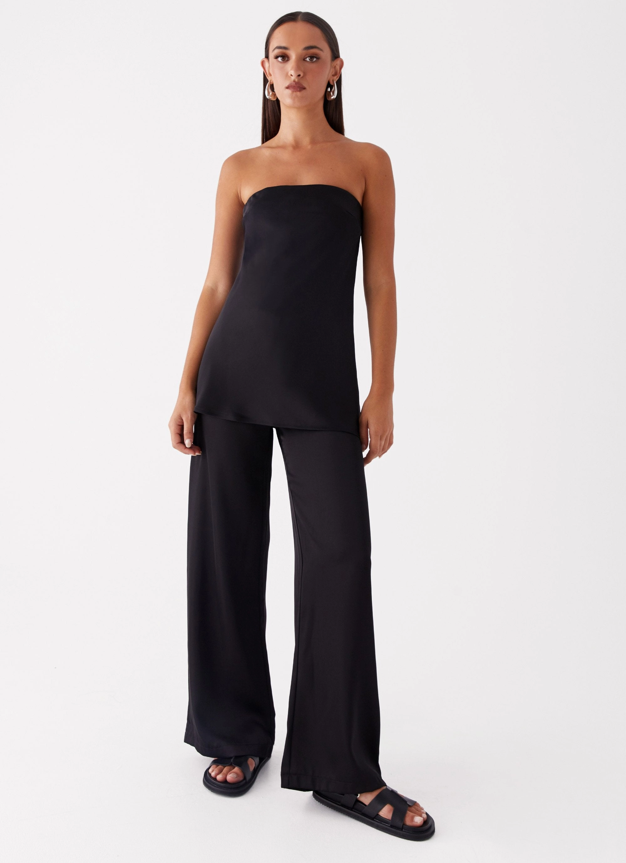 Zoey Satin Tube Top - Black YarnBlend Ribbed Trim Details