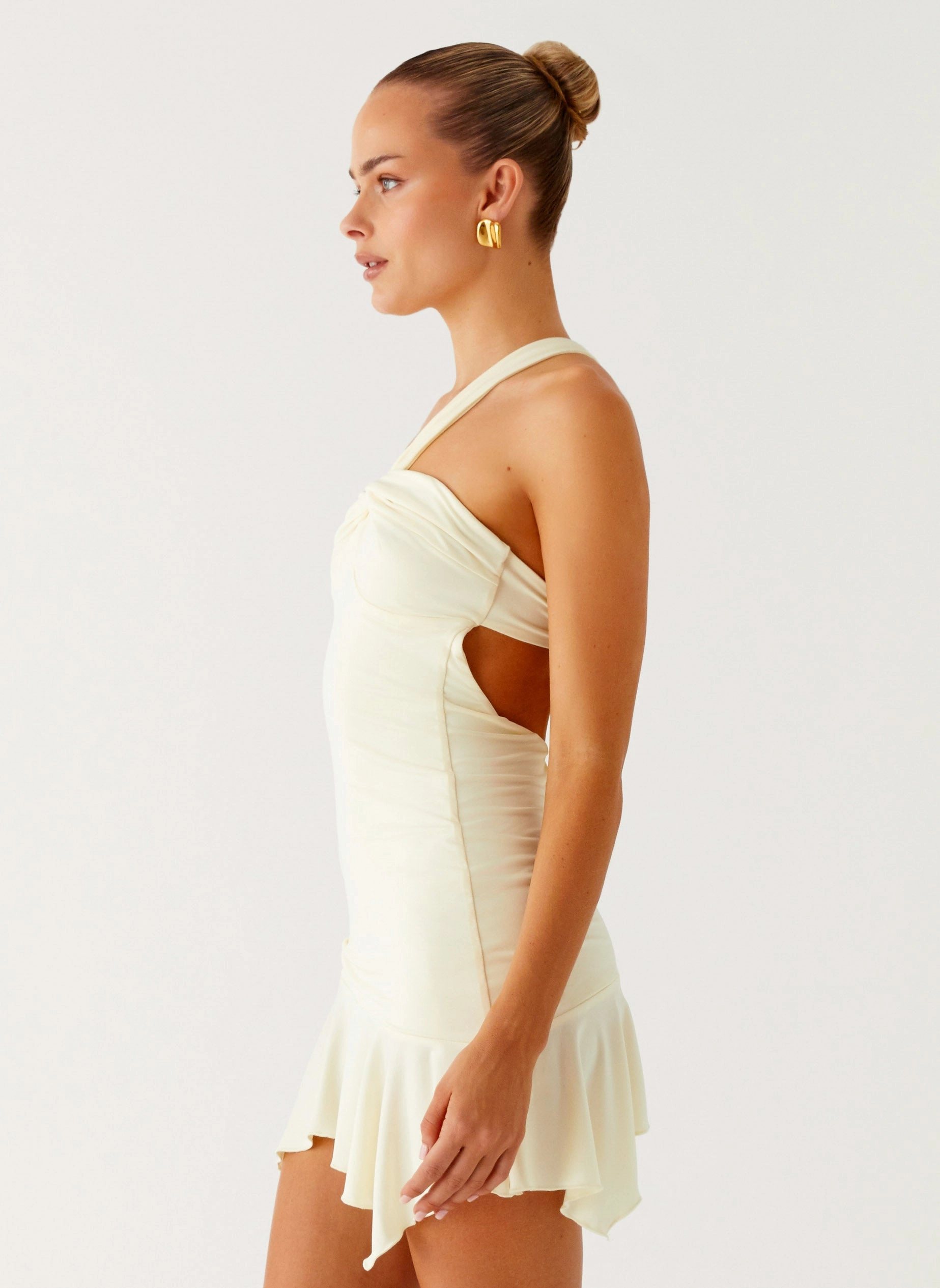 Not Your Fan Cut Out Mini Dress - Yellow Textured Layers