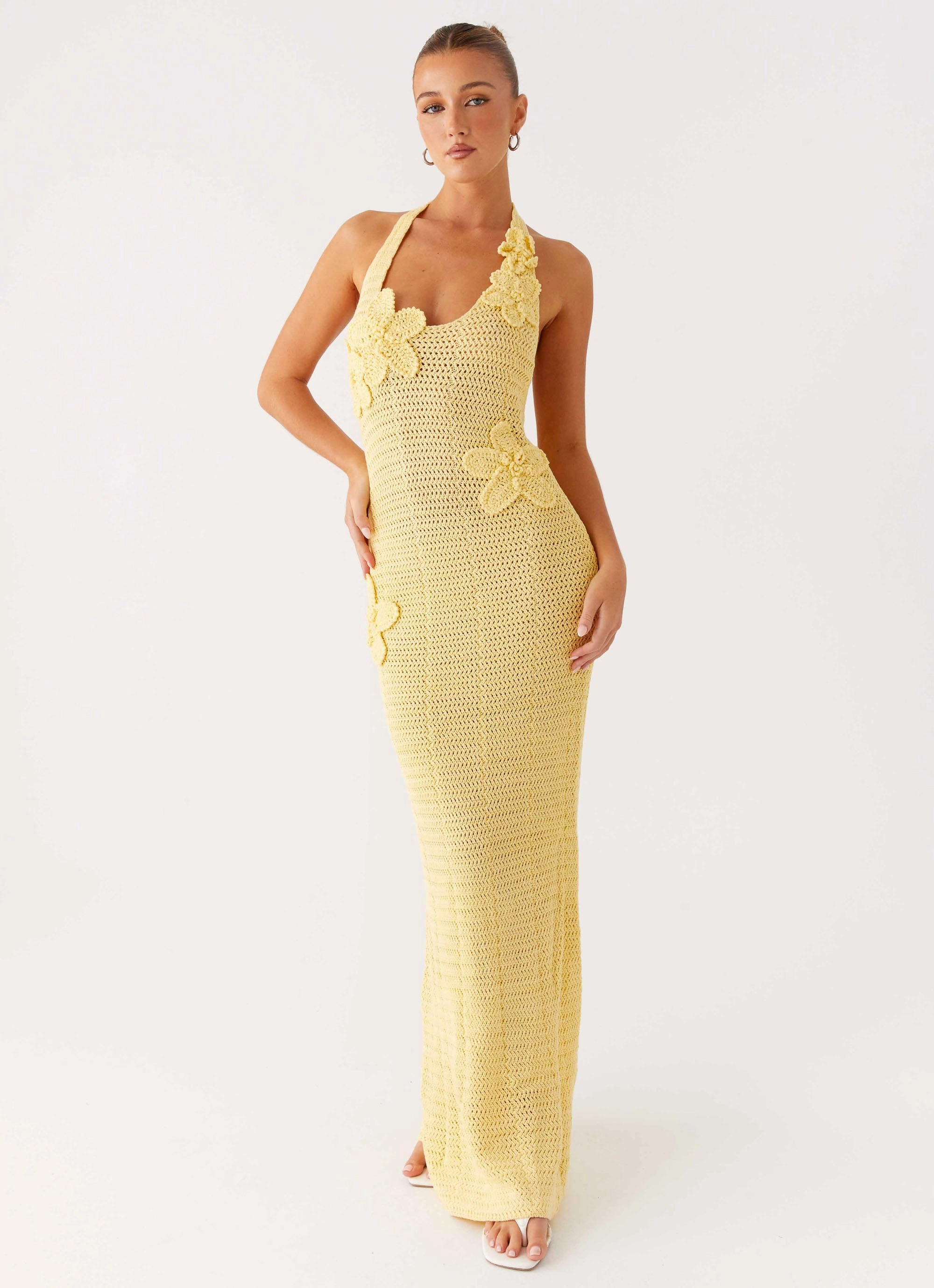 Neutral Aesthetic Novalee Flower Crochet Maxi Dress - Yellow