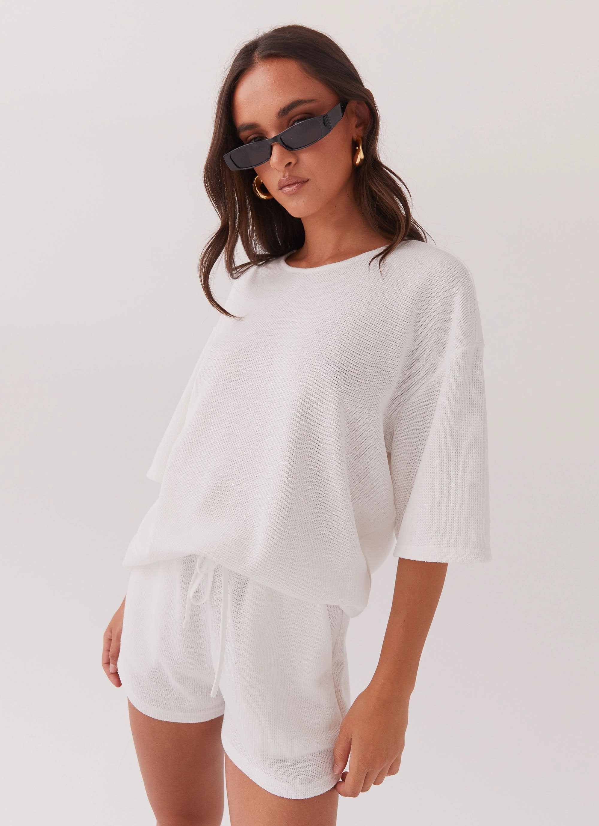 Ocean Waves Knit Shorts - White Pre Shrunk Cotton Blend Touchscreen Compatible Cuffs