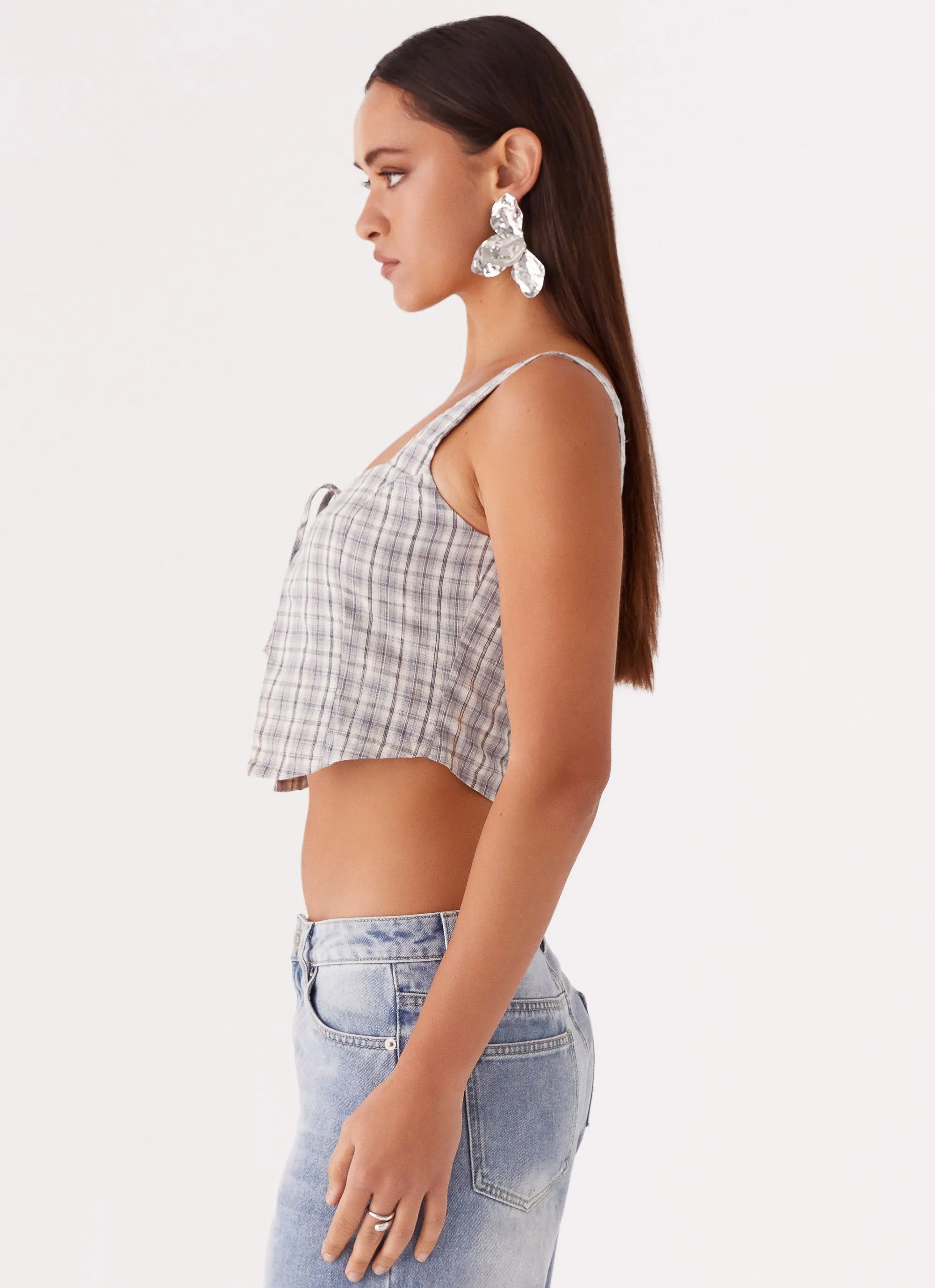 Oasis Dreams Tie Top - Check Adjustable Cuffs Sustainable Fabric Blend