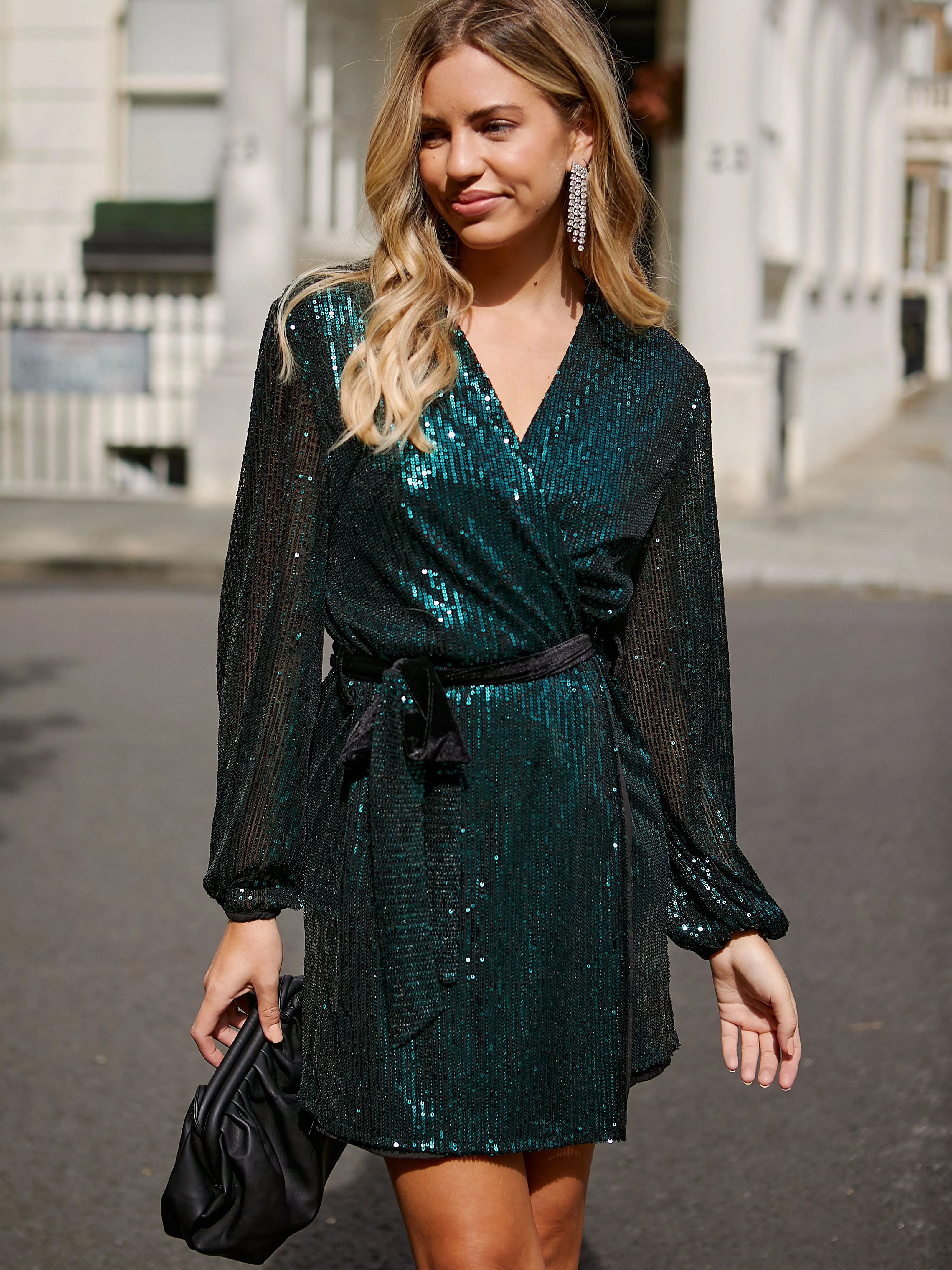 Versatile occasion dress Relax Motion Dani Sequin Wrap Dress / Emerald Green