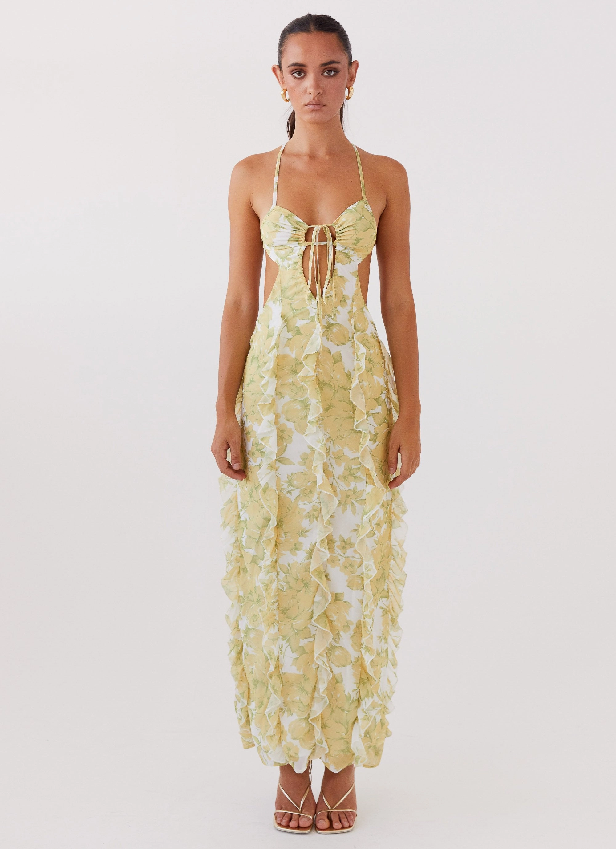 Sunset Kisses Ruffle Maxi Dress - Daffodil Day Glow Sleek Waist