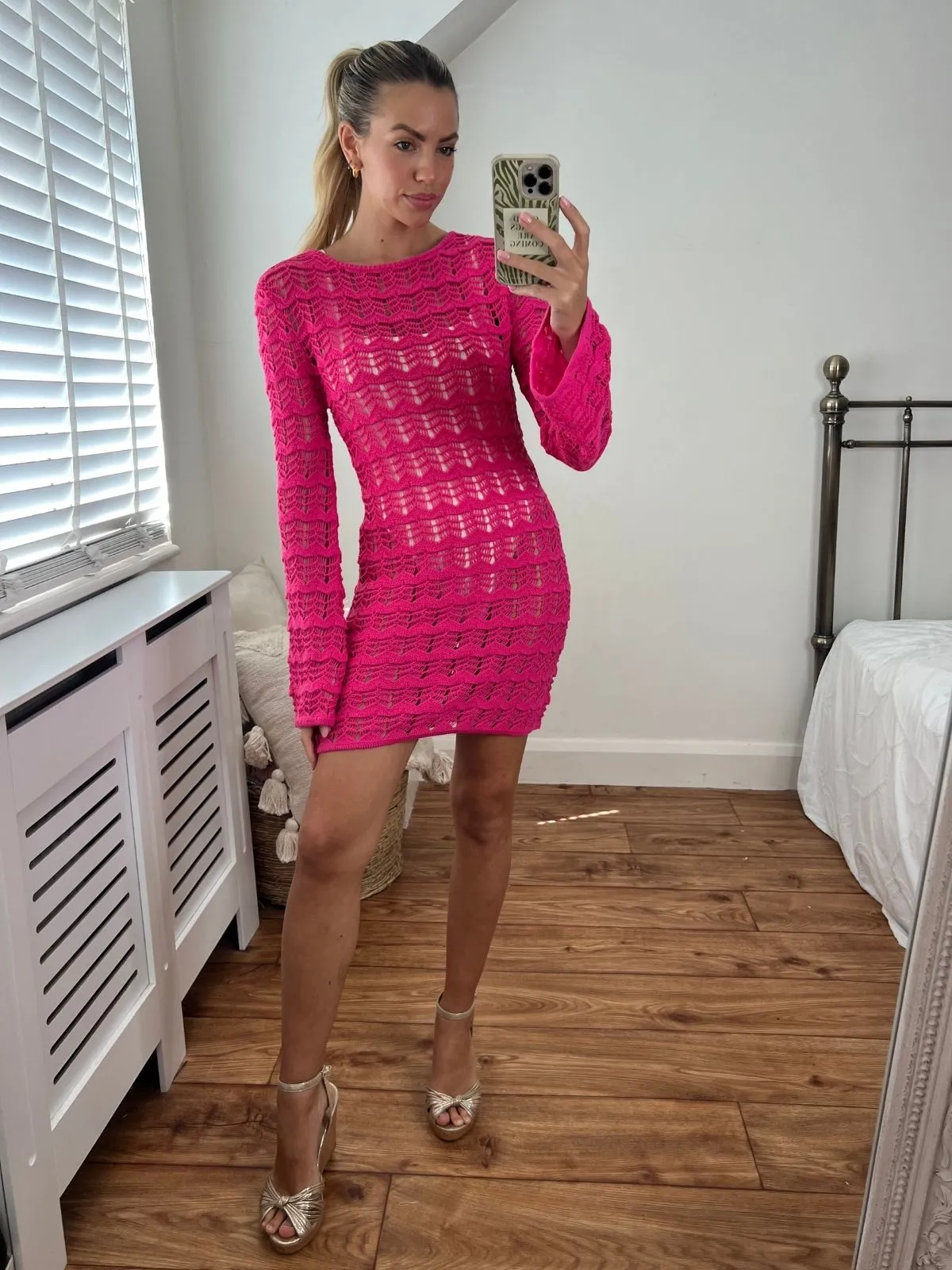 Comfortable Layer Ocean Long Sleeve Lace Back Mini dress / Pink