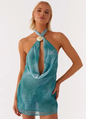 Oceans Away Deep Cowl Mini Dress - Green Tie Dye Elegant Finish Oceans Away Deep Cowl Mini Dress - Green Tie Dye High-End Fashion