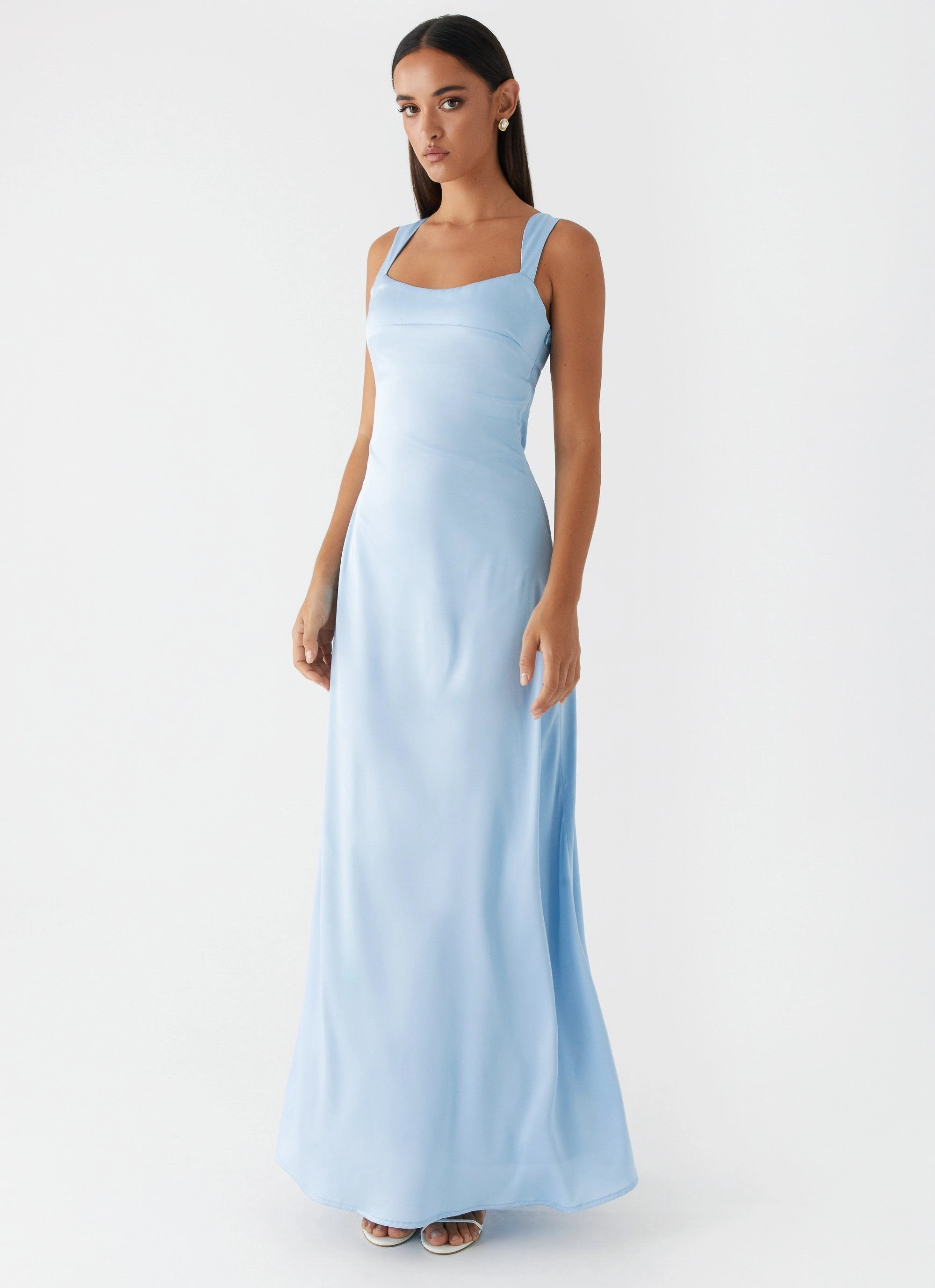 Odette Satin Maxi Dress - Blue Vintage feel Trendy Waistband