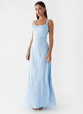 Odette Satin Maxi Dress - Blue Simple Elegance Wear Odette Satin Maxi Dress - Blue Vintage feel Trendy Waistband