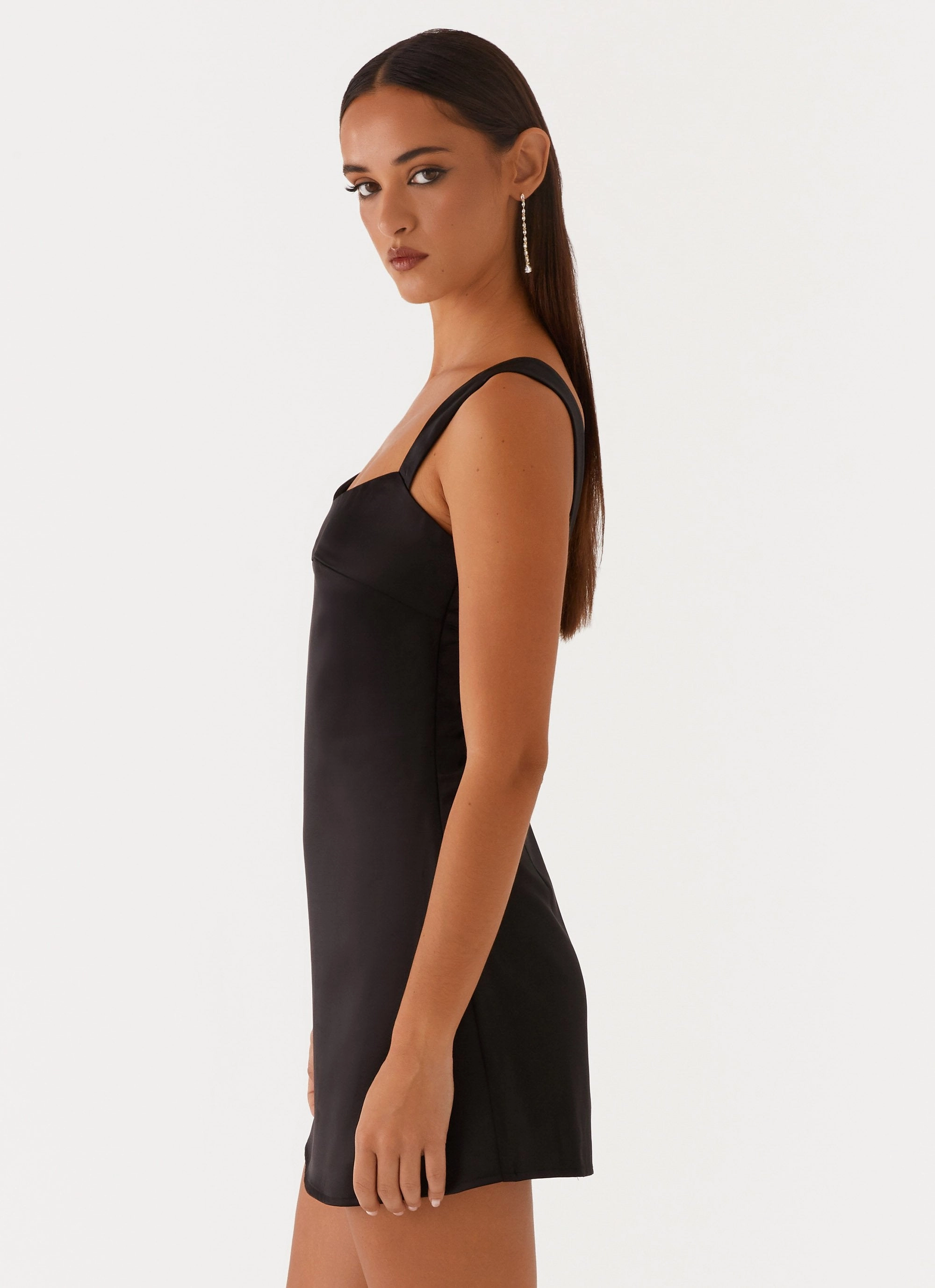 Odette Satin Mini Dress - Black Flowy Layers Work Look