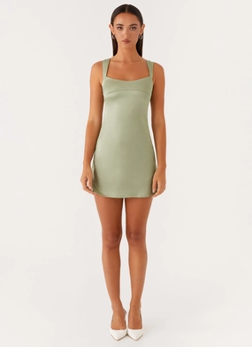 Odette Satin Mini Dress - Sage Washed Look Odette Satin Mini Dress - Sage Stylish Waist Fit