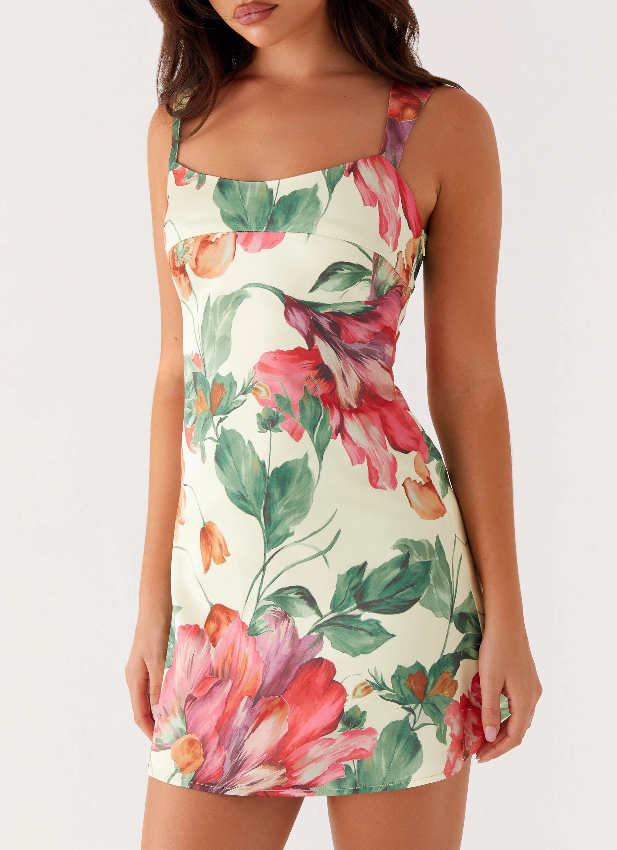 Elegant Mature Odette Satin Mini Dress - Yellow Floral