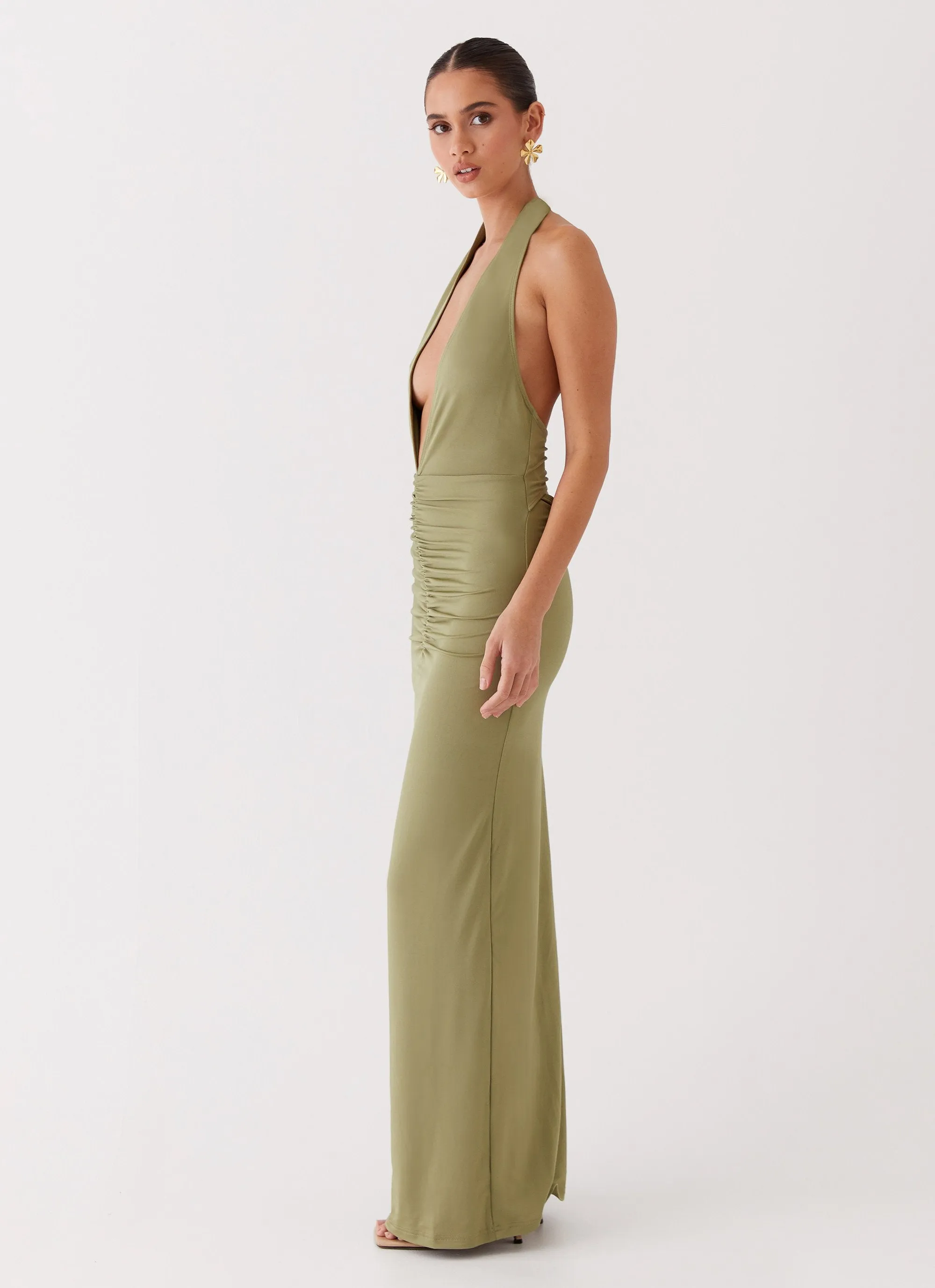 Whisked Away Halterneck Maxi Dress - Olive V-Neck Gradient effect