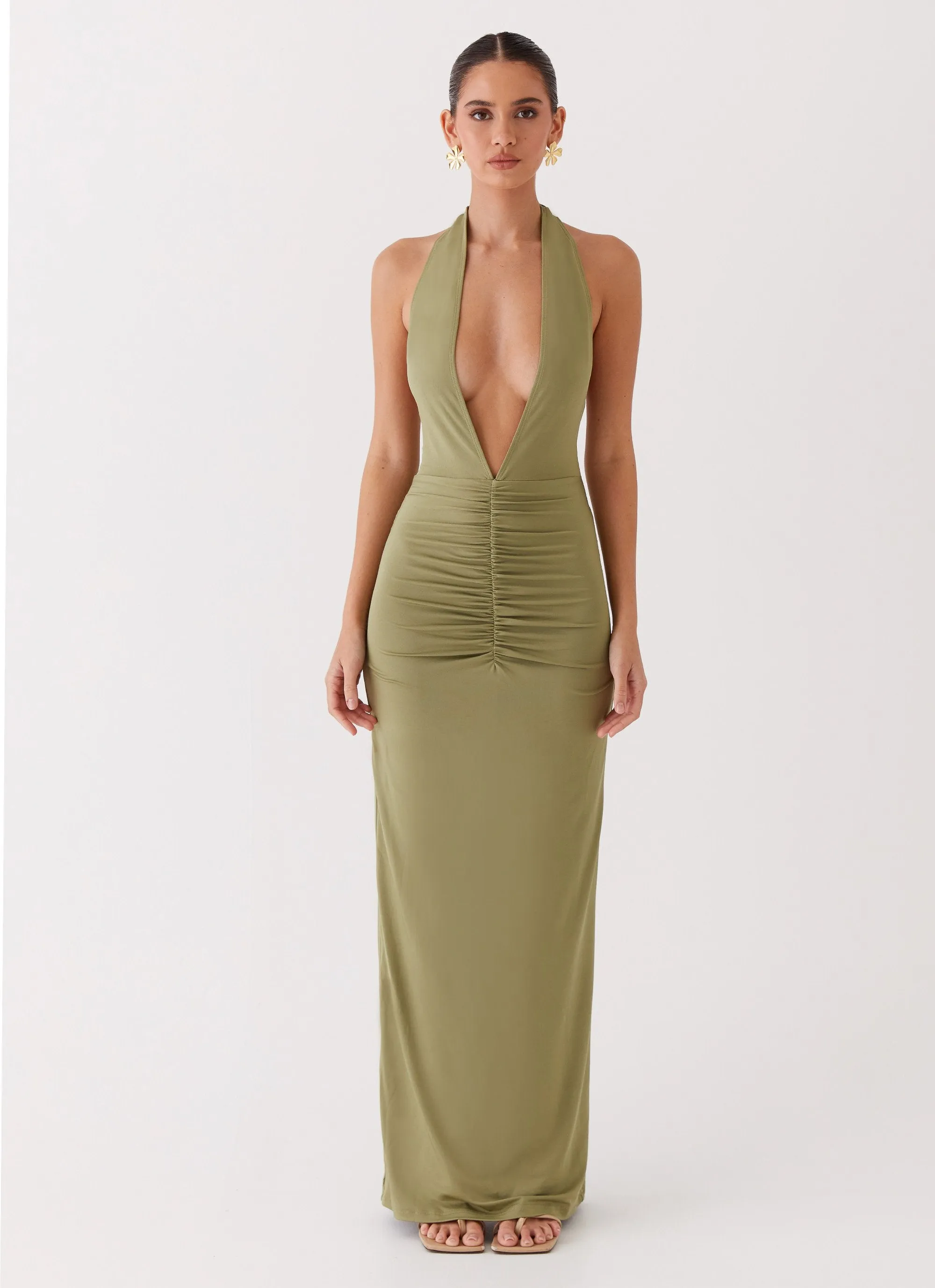 Versatile Design Whisked Away Halterneck Maxi Dress - Olive