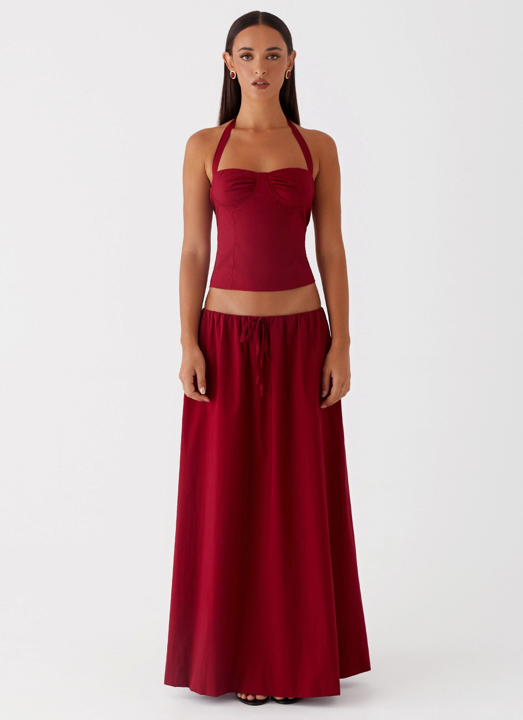Cheryl Bustier Halter Top - Cherry Red StretchComfortDesign Drop Shoulder Silhouette