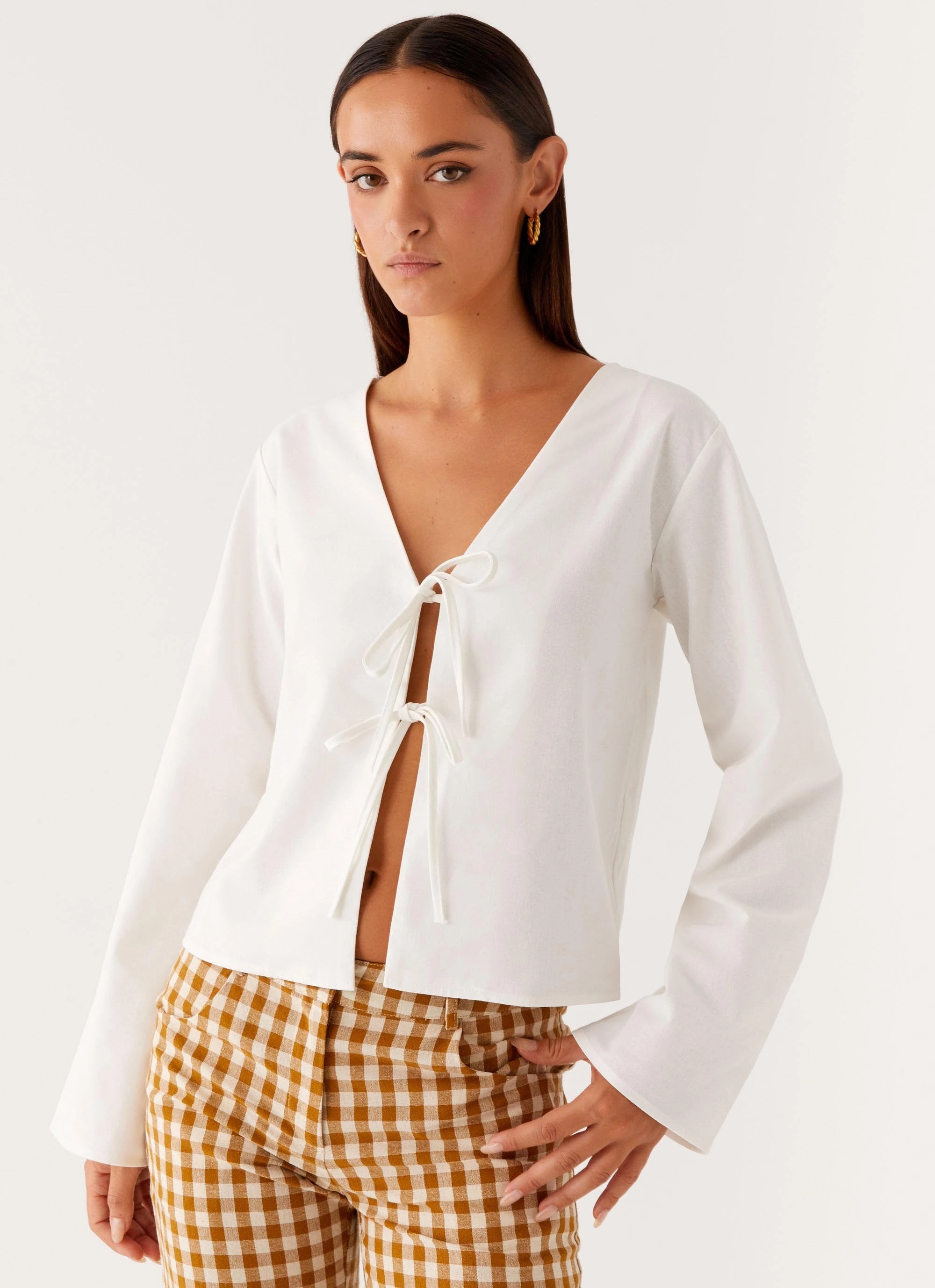 Isabelle Tie Front Top - White Bonded Seam Construction