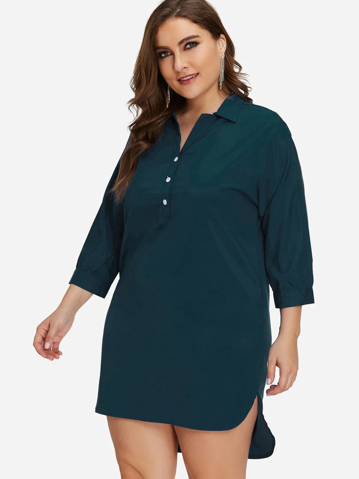 OEM ODM Classic Collar Plain 3/4 Sleeve High-Low Hem Green Plus Size Dress