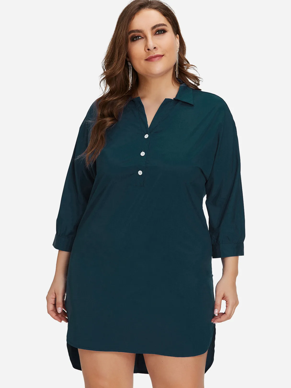 OEM ODM Classic Collar Plain 3/4 Sleeve High-Low Hem Green Plus Size Dress